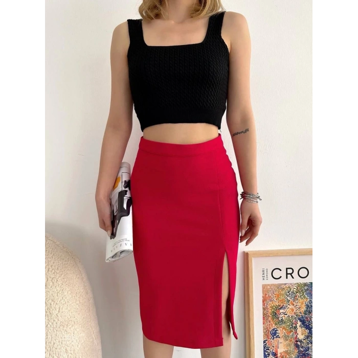 Yırtmaçlı esnek kumaş midi boy etek koyu kırmızı