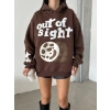 3 iplik şardonlu oversize out of baskılı sweat kahve