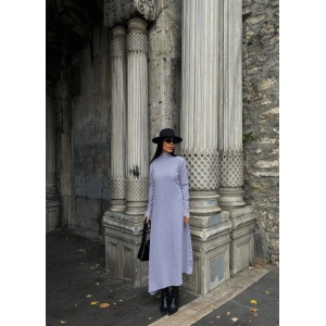 Boğazlı kalın bürümcük uzun elbise gri