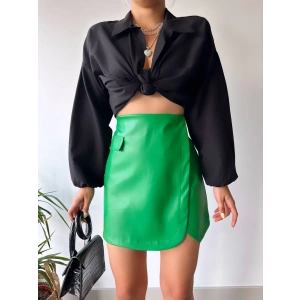 Cep detaylı oval kapaklı deri etek yeşil h240048