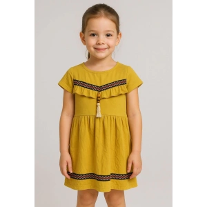 Önü püsküllü boncuk detaylı kız çocuk elbisesi hardal