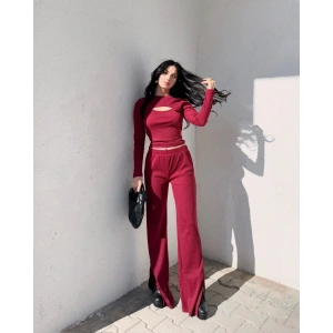 Pencereli detaylı alt üst takım bordo w3864