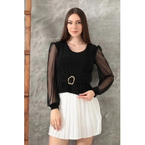 Tokalı tül kollu bluz siyah t4071