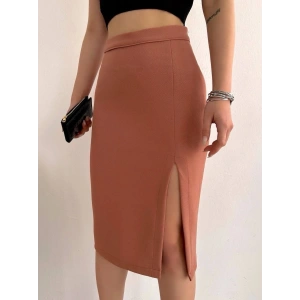 Uzun midi boy yırtmaçlı etek somon s24907