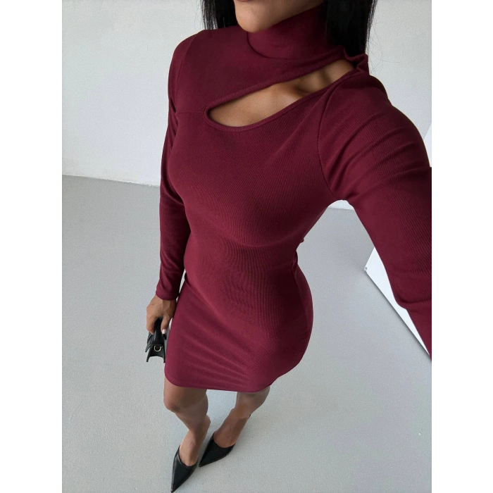 Boğazlı gögüs dekolteli elbise bordo f2333