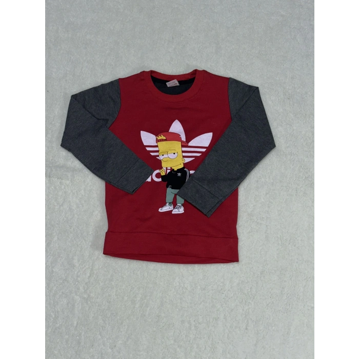 Karakter baskılı bisiklet yaka çift renkli sweatshirt bordo erkek çocuk