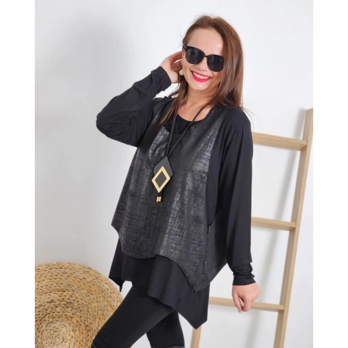 Kadın Deri Yelek Bluz Ve Kolye 3lü Takım