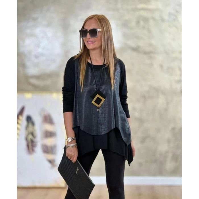 Kadın Deri Yelek Bluz Ve Kolye 3lü Takım