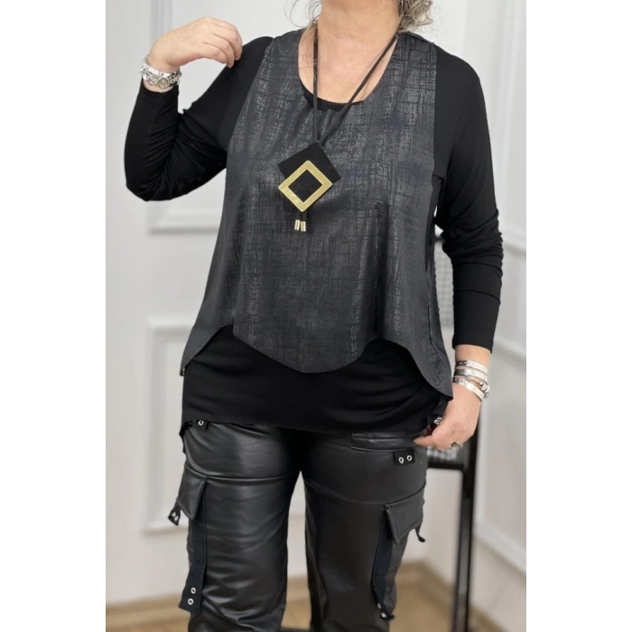 Kadın Deri Yelek Bluz Ve Kolye 3lü Takım