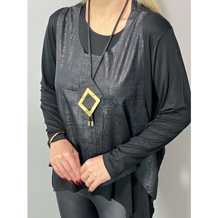 Kadın Deri Yelek Bluz Ve Kolye 3lü Takım