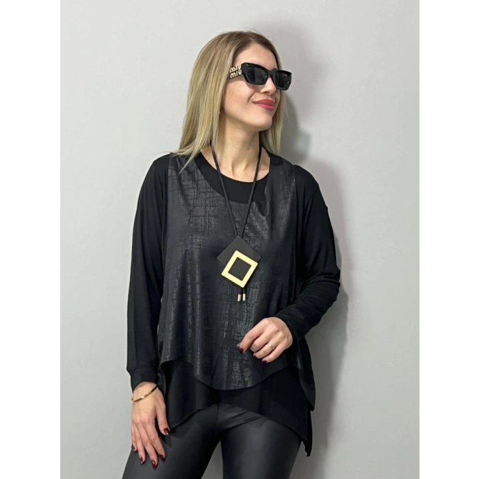 Kadın Deri Yelek Bluz Ve Kolye 3lü Takım