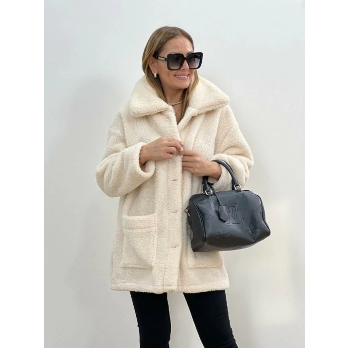 Kadın Uzun Kollu Cep Ve Düğme Detay Wellsof Kumaş Kaban