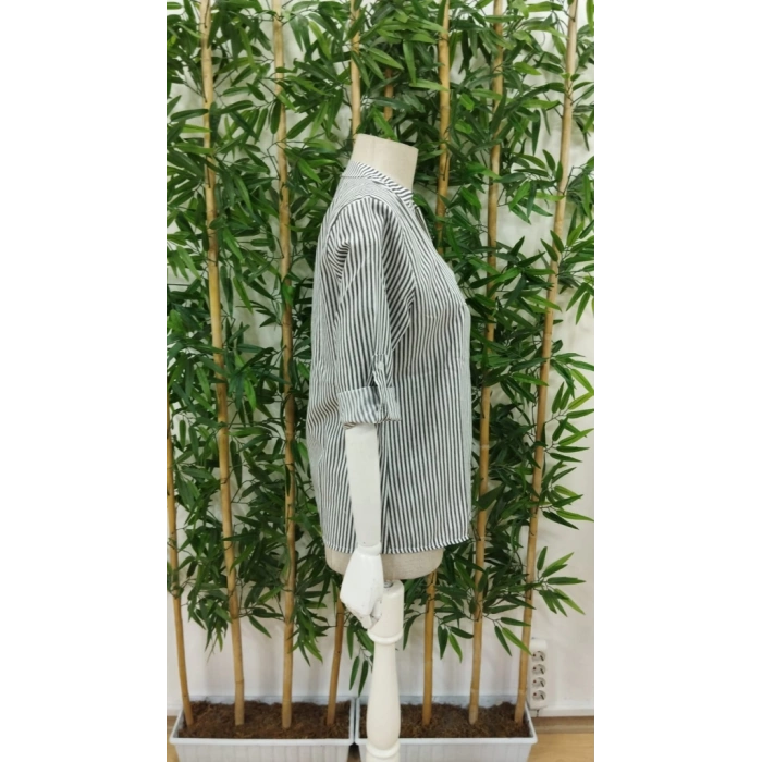 Kadın Uzun Kollu V Yakalı Cepli Dokuma Gömlek