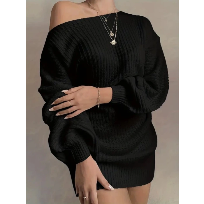 Kadın Uzun Tek Omuzlu Açık Salaş Triko Elbise