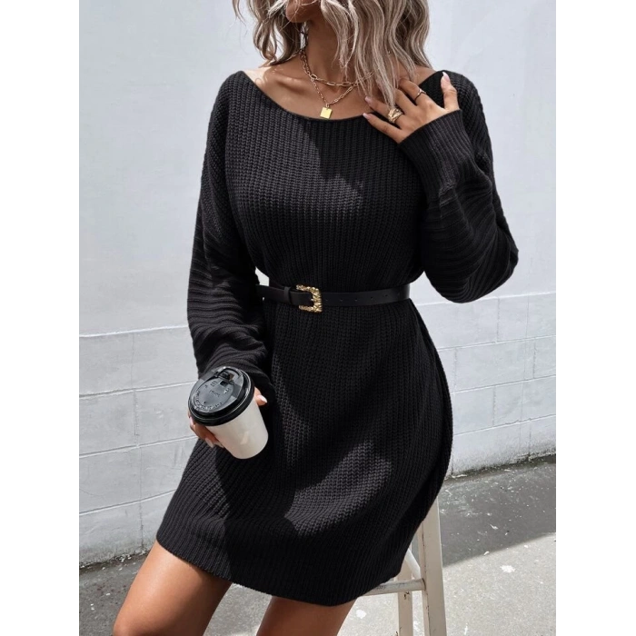 Kadın Uzun Tek Omuzlu Açık Salaş Triko Elbise