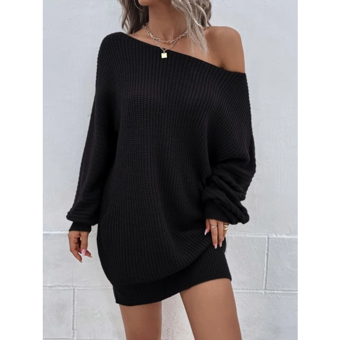 Kadın Uzun Tek Omuzlu Açık Salaş Triko Elbise