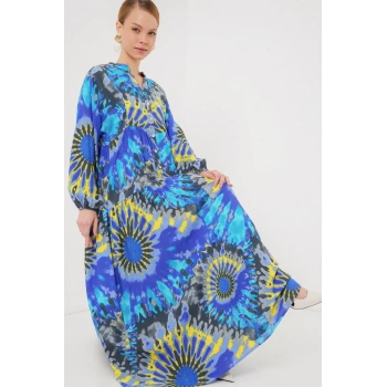 2423 Otantik Desenli Tesettür Elbise - N. Saks