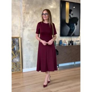 Kadın Kısa Kollu Bisiklet Yaka Midi Viskon Iki Iplik Elbise