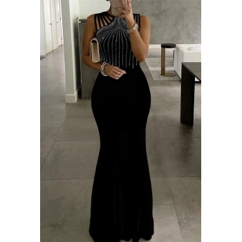 Kadın Omuz çoklu Askılı önü Taş Işlemeli Balık Kesim Janjan Krep Maxi Boy Elbise