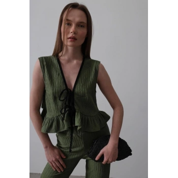 Önü Bağlamalı Volanlı Örme Takım - Haki