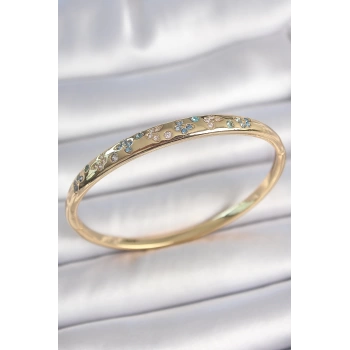 Pirinç Gold Renk Mavi Zirkon Taşlı Kelebek İşlemeli Kadın Kelepçe