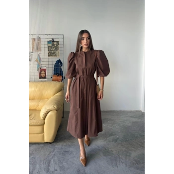 TENCEL KARPUZ KOL ELBİSE - Kahverengi