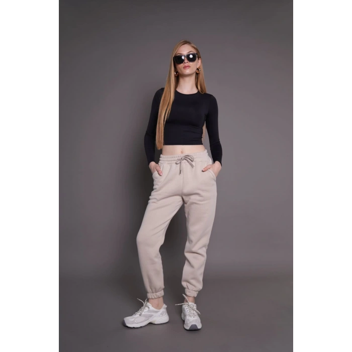 Jogger 3 İplik Şardonlu Cepli Tek Alt Siyah Siyah Sütlü Kahve