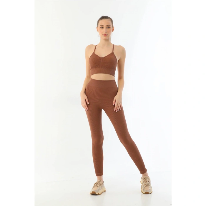 KAHVE MI Emay 3921 Soft Seamless Ripli Tayt Yoga Takımı