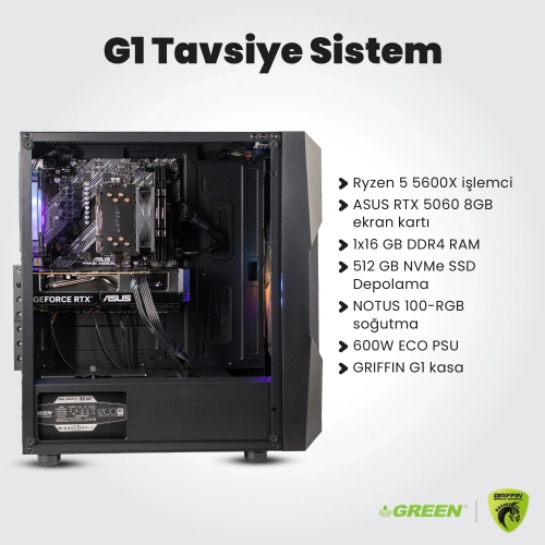 GRIFFIN G1 | RTX 5060 Gaming PC | Ryzen 5 5600X | 16GB Ram | 512GB SSD | Oyuncu OEM Paket