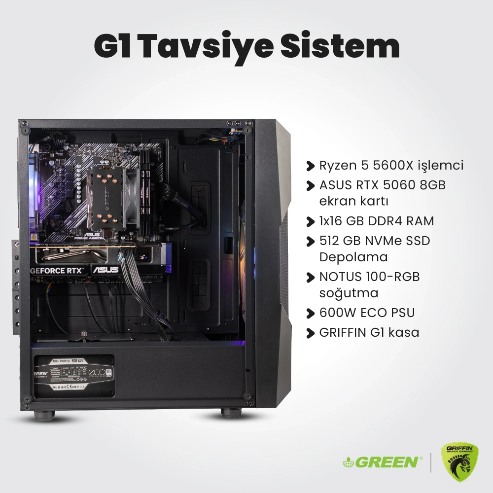 GRIFFIN G1 | RTX 5060 Gaming PC | Ryzen 5 5600X | 16GB Ram | 512GB SSD | Oyuncu OEM Paket