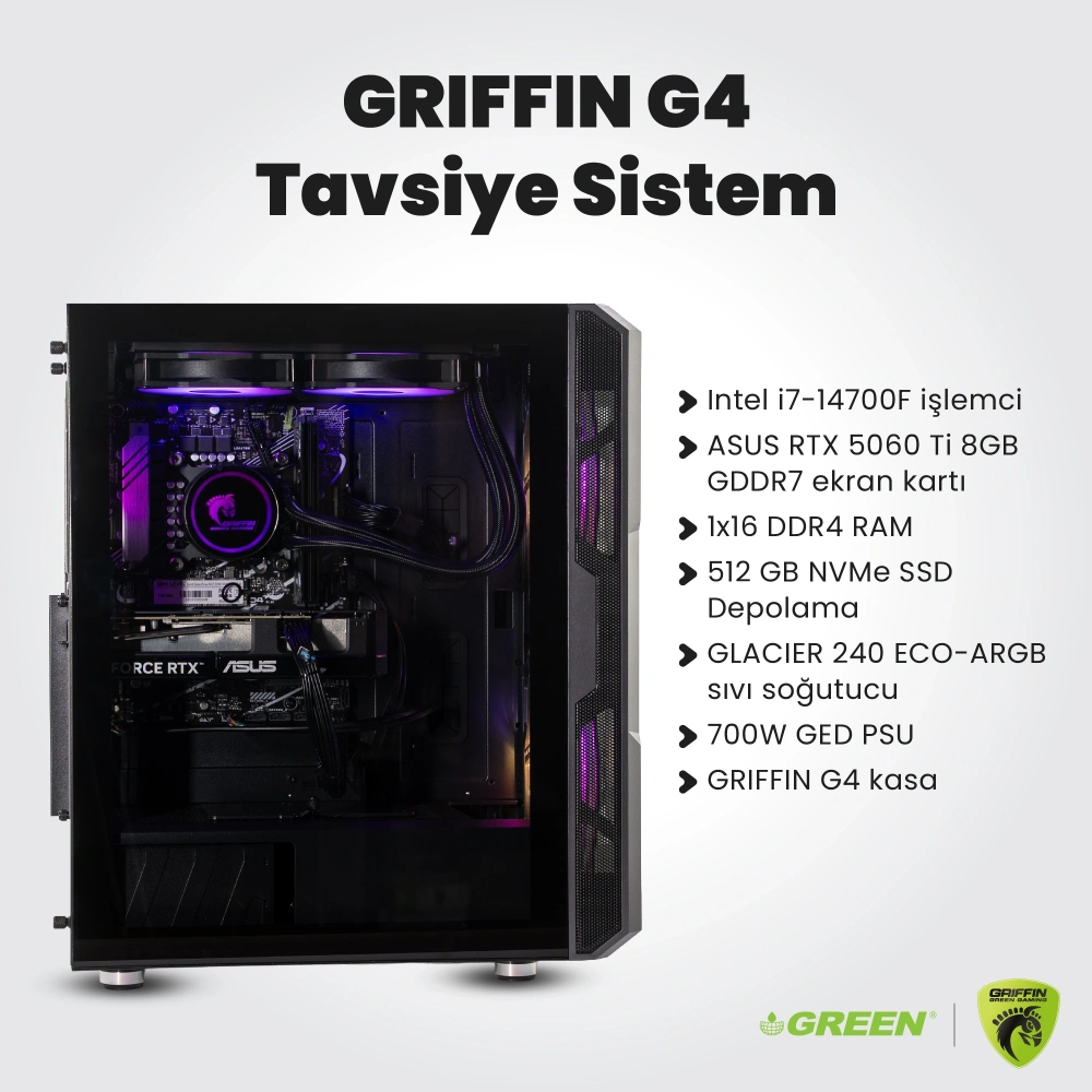 GRIFFIN G4 | RTX 5060TI Gaming PC | Intel i7-14700F | 16GB Ram | 512GB SSD |Sıvı Soğutucu | Oyuncu OEM Paket
