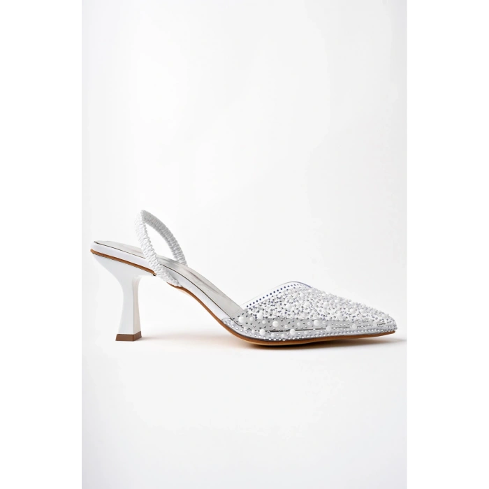 Topuklu Ayakkabı Beyaz Topuklu Ayakkabı Kadın Topuklu Ayakkabı Şeffaf Arkası Lastikli Pırlanta Taşlı