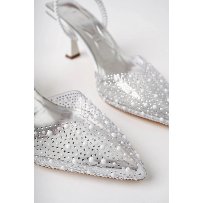 Topuklu Ayakkabı Beyaz Topuklu Ayakkabı Kadın Topuklu Ayakkabı Şeffaf Arkası Lastikli Pırlanta Taşlı