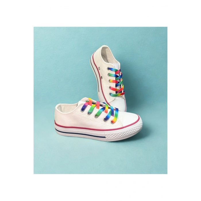 Gökkuşağı Bağcıklı, Beyaz Kısa Spor Ayakkabı, Sneaker