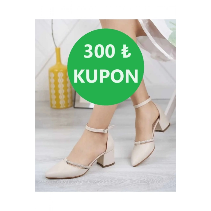 Kadın Bej Cilt Pırlanta Taşlı Karnı Yarık Bilekten Bantlı Kısa Topuklu Ayakkabı Abiye Ayakkabı