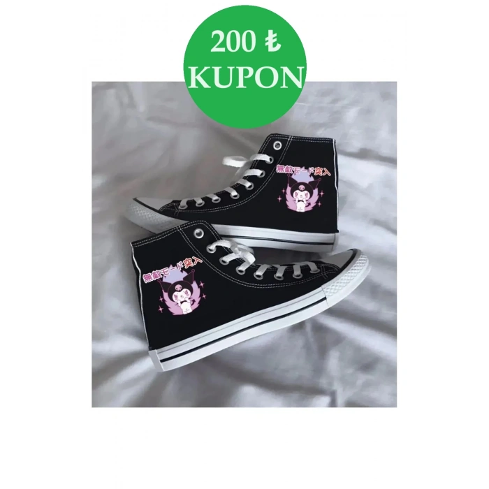 Günlük Keten Chinese Kuromi Baskılı Siyah Uzun Sneaker Canvas Spor Ayakkabı