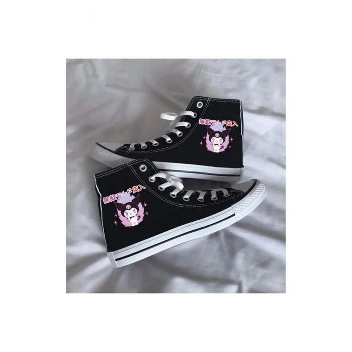 Günlük Keten Chinese Kuromi Baskılı Siyah Uzun Sneaker Canvas Spor Ayakkabı