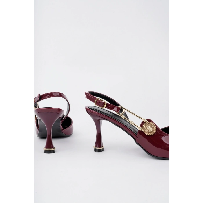 Kadın Topuklu Ayakkabı Topuklu Ayakkabı Bordo Rugan Topuklu Ayakkabı Yandan Şık Tokalı Sivri Burun