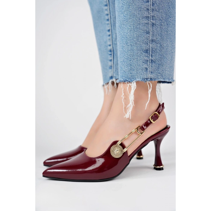 Kadın Topuklu Ayakkabı Topuklu Ayakkabı Bordo Rugan Topuklu Ayakkabı Yandan Şık Tokalı Sivri Burun