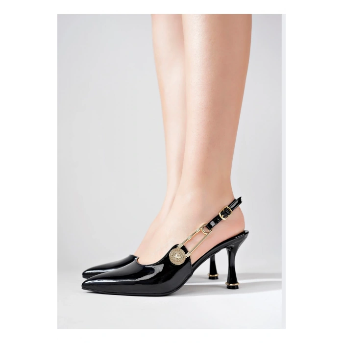 Kadın Topuklu Ayakkabı Topuklu Ayakkabı Siyah Rugan Topuklu Ayakkabı Yandan Şık Tokalı Sivri Burun