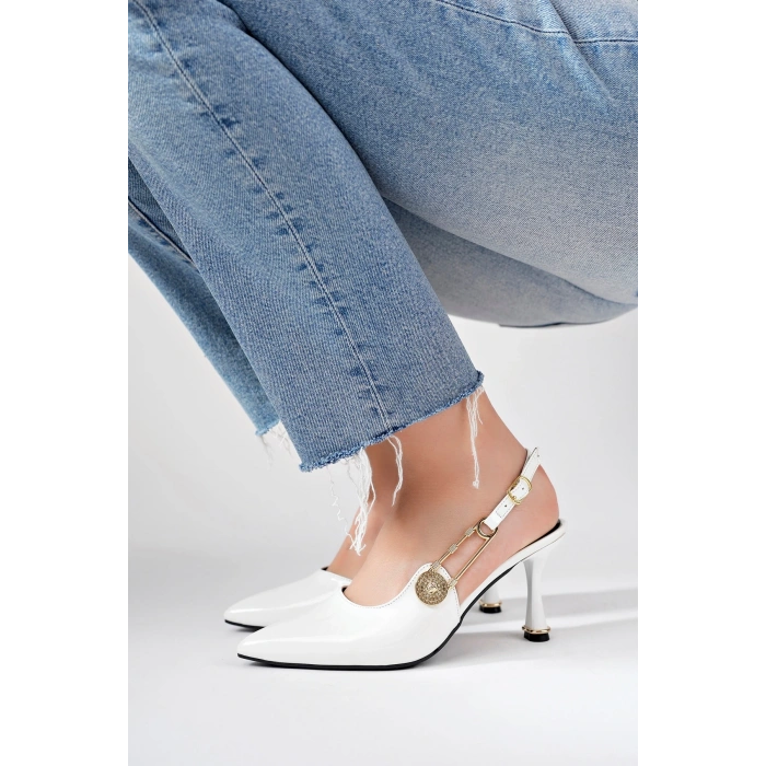 Kadın Topuklu Ayakkabı Topuklu Ayakkabı Beyaz Rugan Topuklu Ayakkabı Yandan Şık Tokalı Sivri Burun