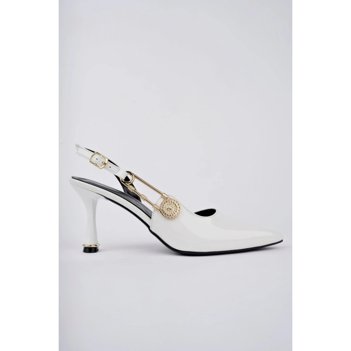 Kadın Topuklu Ayakkabı Topuklu Ayakkabı Beyaz Rugan Topuklu Ayakkabı Yandan Şık Tokalı Sivri Burun