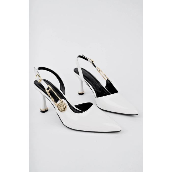 Kadın Topuklu Ayakkabı Topuklu Ayakkabı Beyaz Rugan Topuklu Ayakkabı Yandan Şık Tokalı Sivri Burun