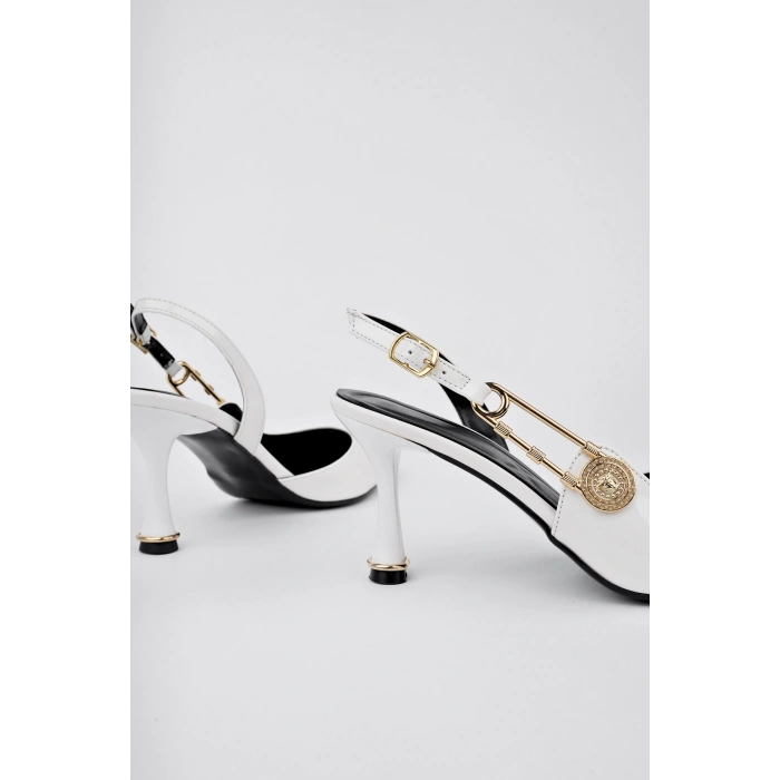 Kadın Topuklu Ayakkabı Topuklu Ayakkabı Beyaz Rugan Topuklu Ayakkabı Yandan Şık Tokalı Sivri Burun