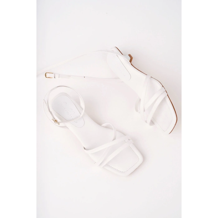 Kadın Sandalet İpli Günlük Beyaz Topuklu Sandalet Topuklu Ayakkabı Bantlı Sandalet