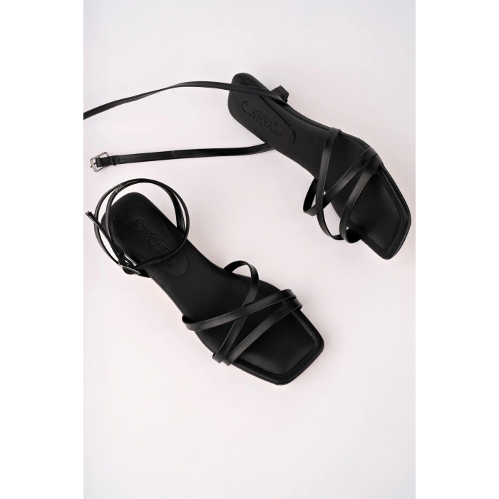 Kadın Sandalet İpli Günlük Siyah Topuklu Sandalet Topuklu Ayakkabı Bantlı Sandalet