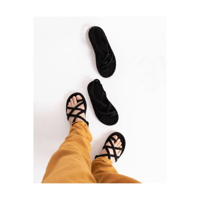 Siyah Hasır El Yapımı Halat Sandalet