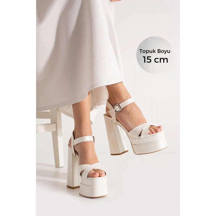 Kadın Deri Yüksek Kalın Topuklu Çift Kat Platformlu Bilekten Tokalı Gelin & Abiye Ayakkabı