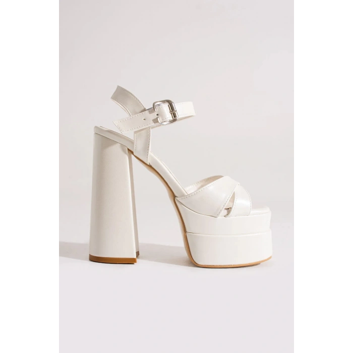 Kadın Deri Yüksek Kalın Topuklu Çift Kat Platformlu Bilekten Tokalı Gelin & Abiye Ayakkabı