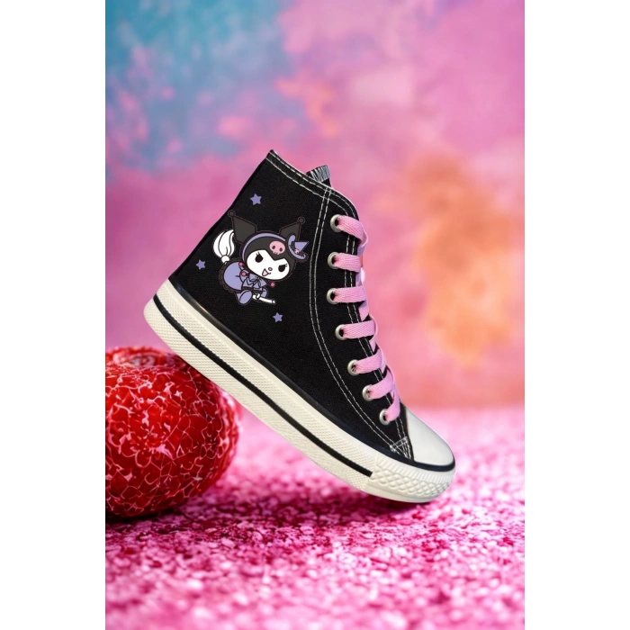 Kuromi Baskılı, Pembe Bağcıklı, Siyah Bilekli Spor Ayakkabı Çocuk Sneaker